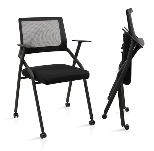 CLATINA Stackable Foldable Conference Room Chairs with Wheels, Portable Padded Office Desk Chair with Lumbar Support and Armrest for Training Room, Guest, Reception, Black (2pk)