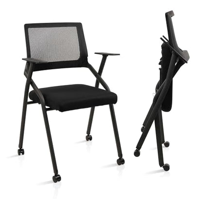CLATINA Stackable Foldable Conference Room Chairs with Wheels, Portable Padded Office Desk Chair with Lumbar Support and Armrest for Training Room, Guest, Reception, Black (2pk)