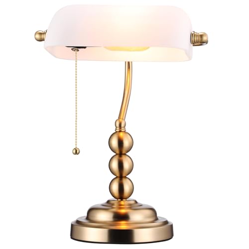 TORCHSTAR Ivory White Glass Bankers Desk Lamp with Pull Chain, E26 Base | Retro Weighted Base, Antique Traditional Library Lamp for Office Study Room, Bulbs not Included - color: Ivory White
