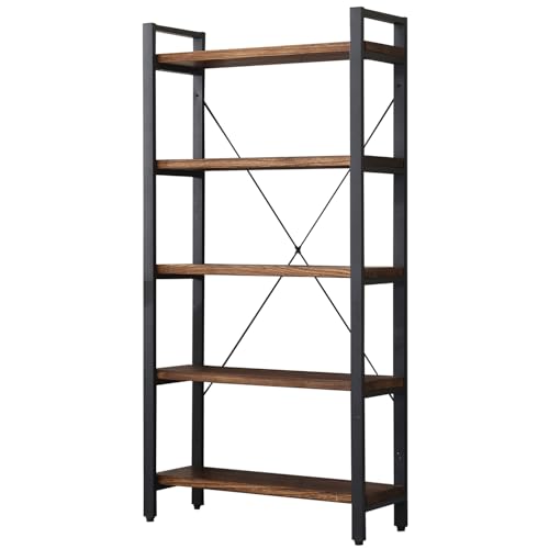 5 Tier Bookcase, Solid Wood Bookshelf Rustic Vintage Industrial Etagere Bookcase, Metal and Wood Free Vintage Bookshelf, Retro Brown (5-Tiers) - size: 5-Tiers-Solid Wood