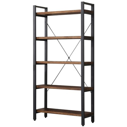 5 Tier Bookcase, Solid Wood Bookshelf Rustic Vintage Industrial Etagere Bookcase, Metal and Wood Free Vintage Bookshelf, Retro Brown (5-Tiers) - size: 5-Tiers-Solid Wood