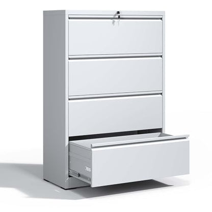4 Drawer Lateral File Cabinet with Lock,White Metal Filing Cabinet - color: White, size: 52.3"H-4 drawers