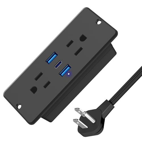 HHSOET 5 in 1 Recessed Power Strip Flat Plug, 65W Fast Charging Furniture Outlet with USB, Conference Recessed Socket with 2 AC Plugs, 2 USB Ports 1 USB-C, 10ft Power Cord. (Black)