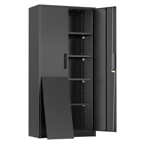 Greenvelly Metal Cabinet, 72" Black Locking Metal Storage Cabinet with 2 Doors and 4 Adjustable Shelves, Lockable Garage Storage Cabinets for Home Office, Garage, Kitchen, Living Room - color: Black, size: 72 Inch - Handle