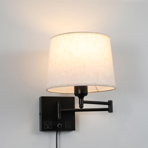 Swing Arm Wall Sconce with Linen Fabric Shade, USB-A & USB-C Charging Ports, Built-in AC Outlet & Rotary Dimmer, Plug-in Adjustable Reading Wall Lamp for Bedside Bedroom Hotel