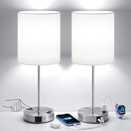 17.6" Silver Touch Lamps for Bedroom Set of 2, Dimmable, USB C+A, AC Outlet | Large 17.6" Tall Lamp, 3-Way Dimming, 5000K Daylight Bulbs, White Lampshade Silver Base, for Living Room, Boys, Men, Girls - color: White - Silver