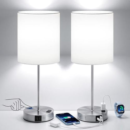 17.6" Silver Touch Lamps for Bedroom Set of 2, Dimmable, USB C+A, AC Outlet | Large 17.6" Tall Lamp, 3-Way Dimming, 5000K Daylight Bulbs, White Lampshade Silver Base, for Living Room, Boys, Men, Girls - color: White - Silver