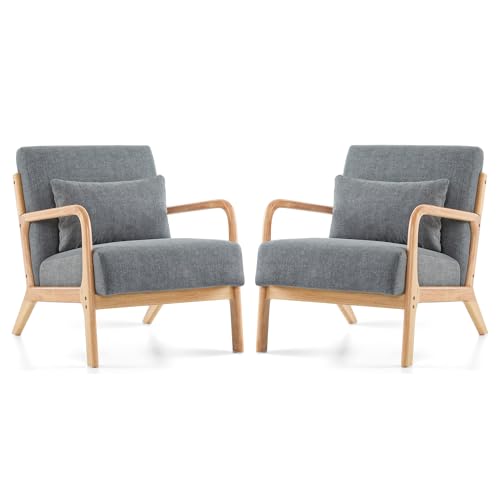Mid Century Modern Accent Chair Set of 2, Upholstered Chair for Living Room, Accent Chair with Lumbar Pillow Solid Wood Frame Reading Chair Armchair for Bedroom Small Spaces, Darkgrey - color: Darkgrey