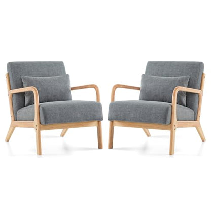 Mid Century Modern Accent Chair Set of 2, Upholstered Chair for Living Room, Accent Chair with Lumbar Pillow Solid Wood Frame Reading Chair Armchair for Bedroom Small Spaces, Darkgrey - color: Darkgrey