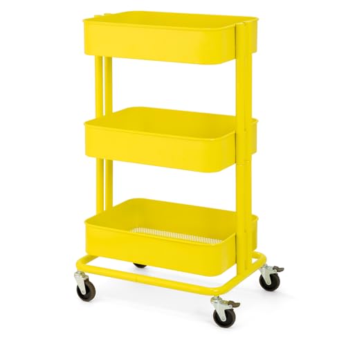 3 Tier Rolling Cart Metal Heavy Duty Utility Cart with Silent Caster Lockable Wheel Multi-Functional Organization Carts Storage Trolley with Mesh Shelves for Office Kitchen Living Room Yellow - color: Yellow, size: Large