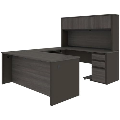Atlin Designs 6 Piece U-Shaped Computer Desk with Hutch, Bark Gray and Slate Finish, Commercial Grade Particle Board, 66.8" H x 71.1" W x 92.6" D, Reversible Office Workstation with Storage