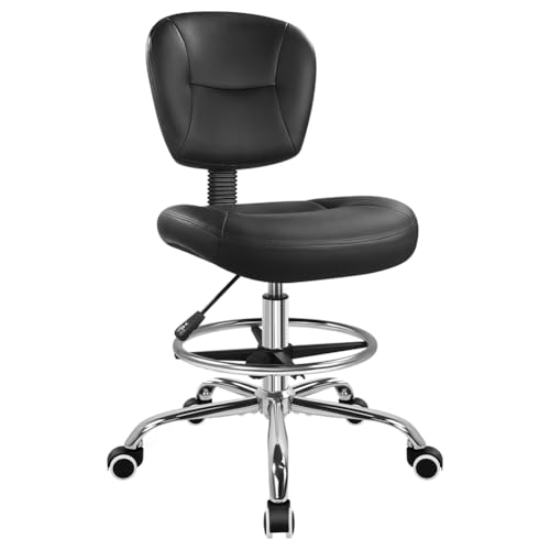 WKWKER Drafting Chair with Back Footrest Adjustable Office Chair (Black) | Drafting Stool with Backrest Adjustable Task Chair Armless Swivel Universal Chair for Lab Kitchen Salon Bar Counter Studio