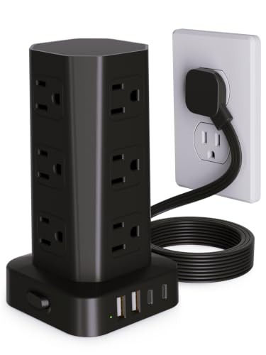 Power Strip Tower Surge Protector, 10FT Flat Plug Extension Cord with Multiple Outlets, 12 AC Outlets 4 USB (2 USB C), Desktop Surge Protection Tower for Home Office Dorm Room, Black - color: Black, size: 10 Ft