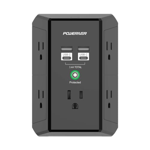 Multi Outlet Extender Surge Protector - POWERIVER Multi Plug Wall Outlet with 5 AC Outlets and 4 USB Ports(2USB C), 1680 Joules, Outlet Splitter for Home School Office, ETL, Black - color: Black, size: 2U2C/Standard