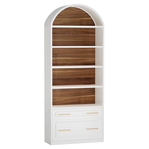 Tribesigns 76.8" Tall Arched 5-Tier Bookcase with File Cabinet Drawer - color: White