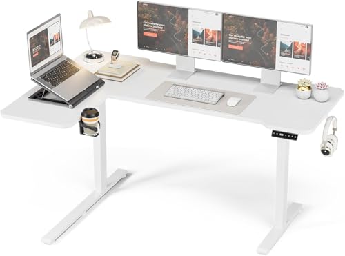 Acrolix L Shaped Electric Standing Desk, 59x40 Inch Reversible, White | 176 lb capacity,28.3-46.4" height,3 memory presets,quiet <45dB motor,cup holder&hook,home office gaming corner desk - color: White, size: 59