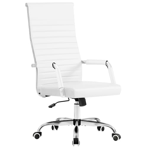 Furmax Ribbed Office Chair High Back PU Leather Executive Conference Chair Adjustable Swivel Chair with Arms (White) - color: White