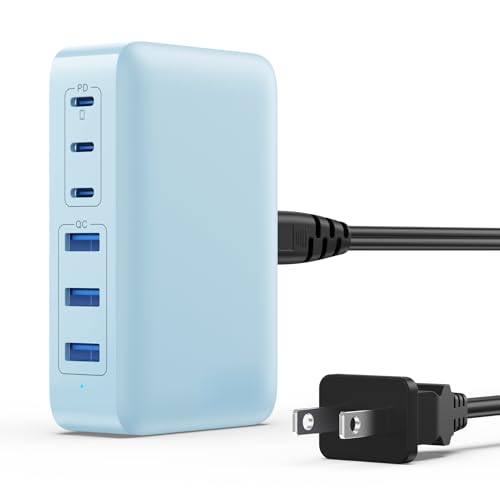 USB C Charger Block 108W Super Fast,Upgraded GaN III 6 Port USB C Charging Station,3xQC+3xPD Type C Fast Phone Charging Hub Adapter Compatible with iPhone 15 Pro 14 13 12,Android Samsung (Pale Blue) - color: Pale Blue
