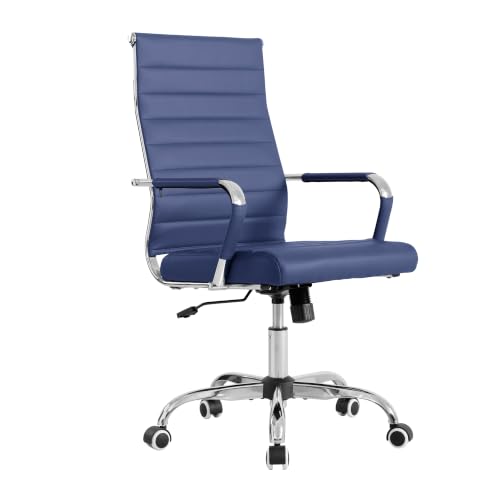 Home Office Chair Ribbed,Modern Leather Conference Room Chairs,Ergonomic Office Desk Chair, High Back Executive Computer Chair, Adjustable Swivel Chair with Arms (Blue) - color: Navy Blue