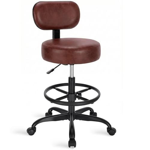 SUPERJARE Drafting Chair with Backrest, Adjustable Foot Rest Rolling Stool | Multi-Purpose Shop Stool, Drafting Stool, Office Desk Chair, Bar Stools with Thick Seat Cushion for Home Kitchen,Rustic Brown - color: Brown