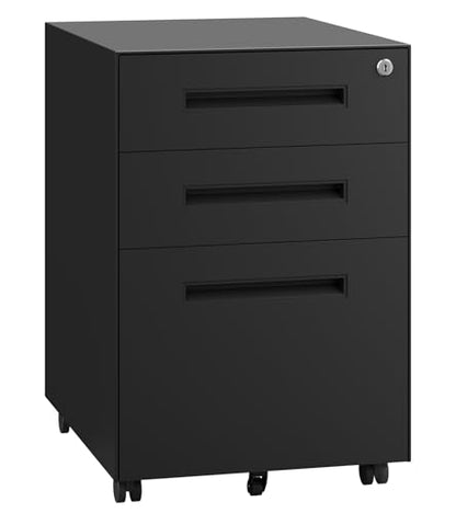 Dripex 3 Drawer Metal Rolling File Cabinet Under Desk Filing Cabinet Black | 15"W x 18"D x 24"H, Lockable, 5 Wheels, Fully Assembled, Letter/Legal Size, Suitable for Home Office - color: Black