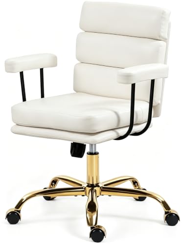Leather Office Chair with Wheels,Ergonomic Swivel Rolling Task Chair,Padded Seat and Armrests,Adjustable Height Home Desk Chair,Executive Computer Chair, Gold Base Makeup Vanity Chair,White - color: White