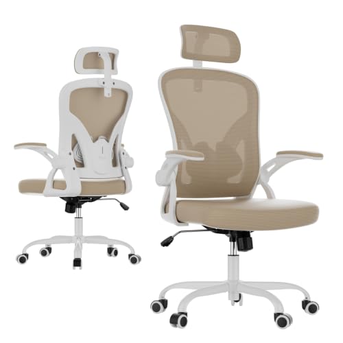 Farini Ergonomic Office Chairs Set of 2, Home Office Desk Chair with Headrest, High Back Swivel Computer Chair with Armrests and Adjustable Lumbar Support for Home Office, White & Khaki - color: White Khaki, size: Set of 2