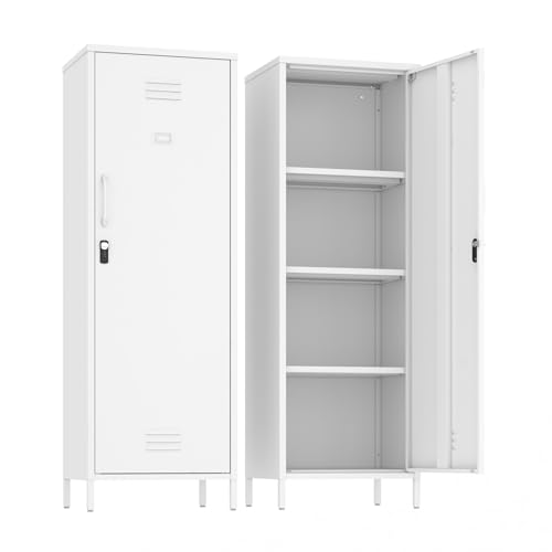 Lockable Narrow Pantry Storage Cabinet (White) | Metal Skinny Cabinet with Door and Removable Shelves for Kitchen Pantry - color: White, size: 59.06"H
