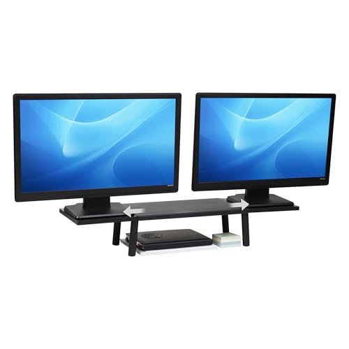 Mind Reader Extendable Monitor Stand, Adjustable Desktop Riser for Dual Monitors, Printers, Laptops, TV, 31.5–40 Inch Width, 88 lb Capacity, Metal and MDF Wood, Black
