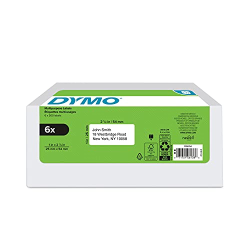 DYMO Authentic LW Multi-Purpose Labels for LabelWriter Label Printers, White, 1" x 2-1/8", 6 rolls of 500 (3000 Total) - size: 6 Rolls