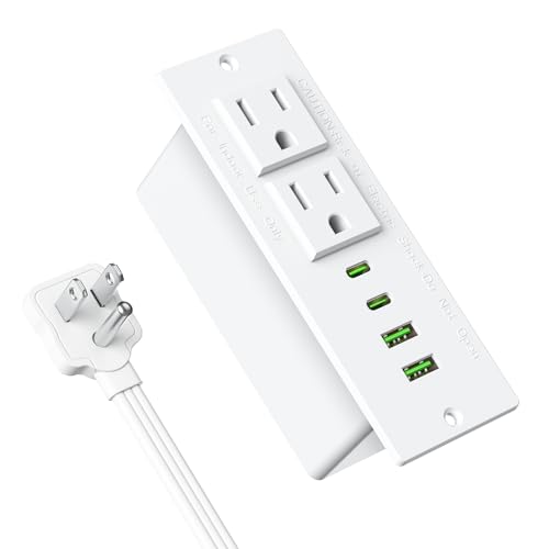 Recessed Power Strip 45W USB C,Furniture Flush Mount,White,6FT | Desk Recessed Outlet,Space-Saver for Furniture Side Table,2 USB-C &2 USB-A Ports,2 AC Outlets,6ft Cord,Ultra Thin Flat Plug - color: White, size: 45W USB-C Ports