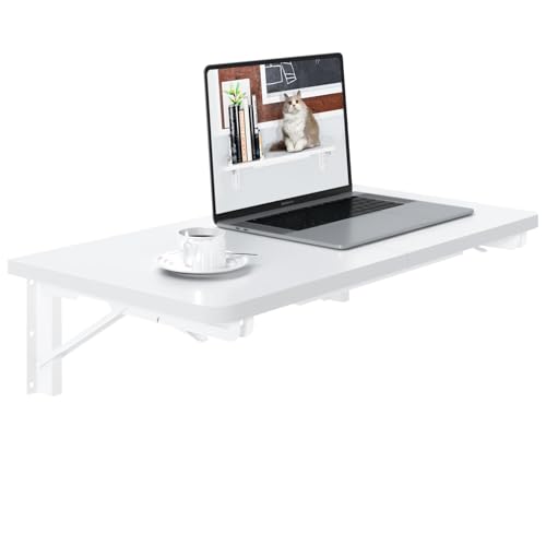 TEAMIX Wall Mounted Folding Desk for Small Spaces, White Floating Shelf | Heavy-duty Brackets, Space-saving Design, Use as Home Office Desk, Drop Leaf Dining Table, Laundry Shelf, or Balcony Table - color: White, size: 23.6"W x 11.8"D