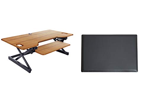 Rocelco 46" Large Height Adjustable Standing Desk Converter with Anti Fatigue Mat BUNDLE - Quick Sit Stand Up Triple Monitor Riser - Retractable Keyboard Tray - Teak Wood Grain (R DADRT-46-MAFM) - color: Teak/Black, size: 46", style: Riser+Floor Mat