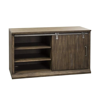 Pemberly Row Mid-Century Wood Computer Credenza, 54 in Wide, Rustic Saddle Brown Finish, Sliding Barn Door Design, Adjustable Shelves, File Drawer, Wire Management, Home Office Storage Cabinet