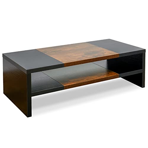 TEAMIX 20 inch Monitor Riser Stand - 2 Tiers, Wood Morden Desktop Bookshelf | Laptop/PC/Printer/Keyboard Storage, Ergonomic Design, 15mm thick Sturdy Wood Boards, TV Stand, Home Office Desk Accessories - color: Black+Brown, size: 20 x 9.5 x 6.7 inches
