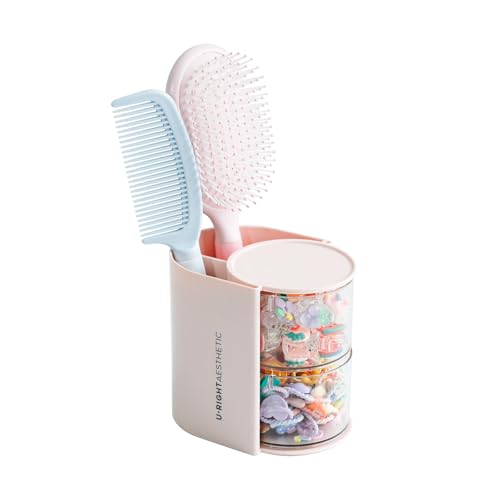 FABROK 2-Layer Clear Hair Accessories Organizer with Hair Brushes Holder, Rotatable Small Jewelry Box for Necklaces、Earring, Desktop Organizer Case for Hair Accessories, Cotton Swab(Pink) - color: Pink, size: 2-Layer