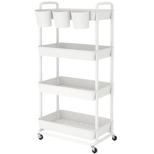 4-Tier Plastic Rolling Storage Cart Utility Cart White | Utility Cart with Extra Hanging Cups Arc-Shaped Handles Lockable Wheels for Living Room Bathroom Kitchen Office - color: White, size: 4-Tier