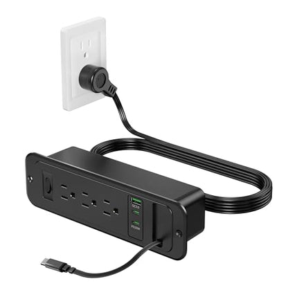 Recessed Power Strip with Retractable USB C Cable,2 PD 20W USB C,Flush Mount Countertop Drawer Outlet, Furniture Hidden Outlet for Side Table,End Table,3 Outlets (Black, 6FT-20W USB) - color: Black, size: 6FT-20W USB