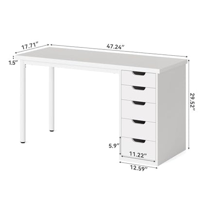 LITTLE TREE Computer Desk with 5 Drawers, 47 Inch White Modern Simple Study Writing Desk with Metal Frame, Work Desk for Home Office - color: White