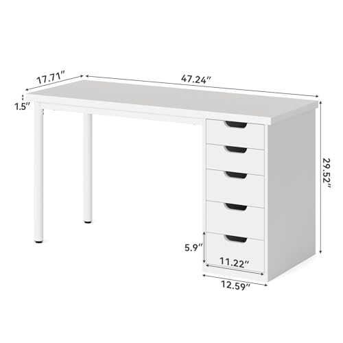 LITTLE TREE Computer Desk with 5 Drawers, 47 Inch White Modern Simple Study Writing Desk with Metal Frame, Work Desk for Home Office - color: White