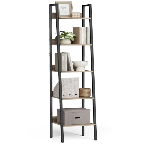 VASAGLE Bookshelf, 5-Tier Narrow Bookcase, Ladder Shelf | For Home Office, Living Room, Bedroom, Kitchen, Camel Brown and Matte Black, BARNET Collection ULLS109B50V2 - color: Camel Brown + Ink Black, size: 5 Tiers (13.3"W), style: With back panels