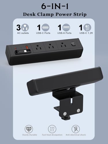 Desk Clamp Power Strip Built-In1 Retractable USB C Cables, USB Ports Black - color: Black