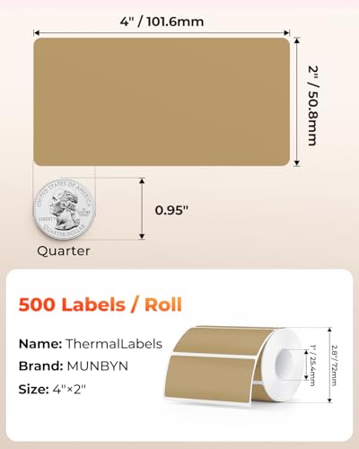 MUNBYN 4x2 Thermal Labels, 500 Sheets/1 Roll, Brown - color: Brown, size: 4x2"