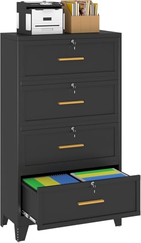 Metal Lateral File Cabinet with Lock,4 Drawer Steel Wide Filing Organization Storage Cabinets,Office Filing Cabinet for Letter/A4/F4 Size with Hanging Files&Key,Lockable Cabinets for Home Office - color: Black, size: 4Drawer