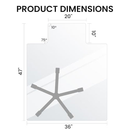 Tempered Glass Chair Mat with Lip, 36" x 47" Heavy Duty Office Chair Mat for Carpet & Hardwood Floors, Clear Floor Protector for Rolling Chairs, Supports up to 1200 lbs, 12 Anti-Slip Pads