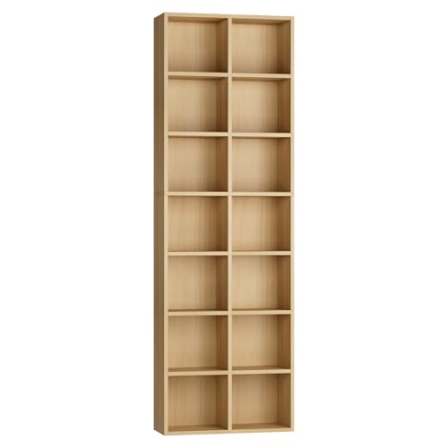FOTOSOK Bookshelf Bookcase 7-Tier Narrow Bookshelf Tall CD Media Tower Rack - color: Natural