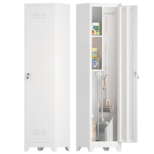 Tall Broom Closet Storage Cabinet,Narrow Metal Storage Cabinets for Brooms and Mops,Slim Utility Cabinets with Doors,Broom Cabinet for Laundry,Living Room,Office,White - size: indoor-65"H-1door