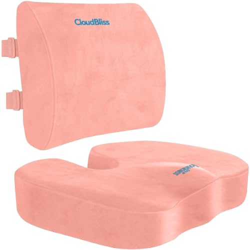 CloudBliss Ergonomic Seat Cushion & Lumbar Support Pillow Set, Pink, Large | Back Pain & Sciatica Relief, Memory Foam Support, Adjustable Straps, Machine Washable Velvet, Perfect for Office, Car, Gaming - color: Pink, size: Large
