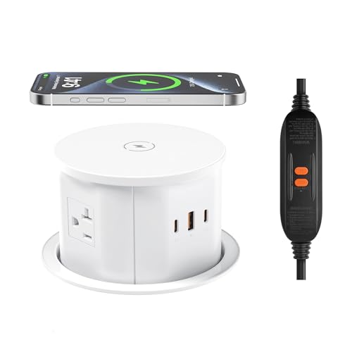 ANNQUAN 4.7" 20A GFCI Pop Up Outlet Wireless Charger 65W USB White | Max 65W Power Delivery,4.75" Pop Up Electrical Outlet with 3 Outlets 3 USB Ports - color: White, size: 20 Amp(GFCI)