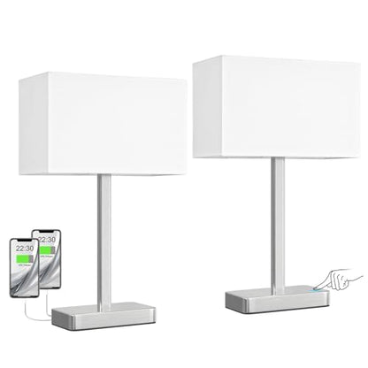 Touch Lamps for Bedroom Set of 2, 3 Way Dimmable White Bedside Table Lamp | Modern Table Lamp for Nightstands, White Nickel Desk Lamp for Home Office, with USB C+A, End Tables Bed Side, Bulb Included - color: C. White&Nickel